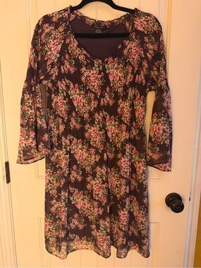 Robert Louis Purple Floral Long-Sleeve V-Neck Dress